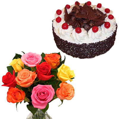 "Chocolate cake - Half kg, 12 Mixed Roses flower bunch - Click here to View more details about this Product